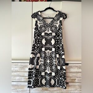 👗 Black White Baroque Print Midi Dress Size 6 Stretch Zip